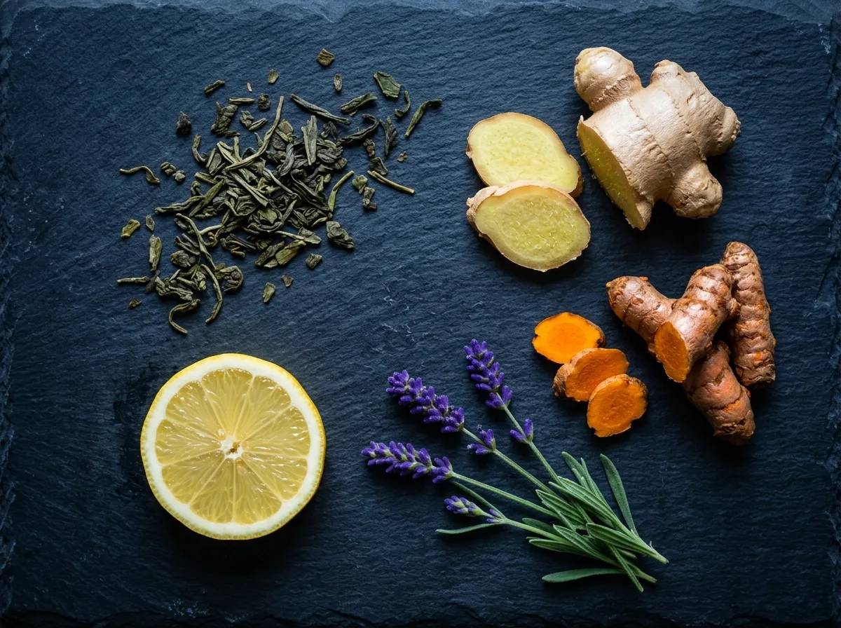 Verse botanische ingrediënten voor Ozalyn: groene thee, gember en kurkuma
